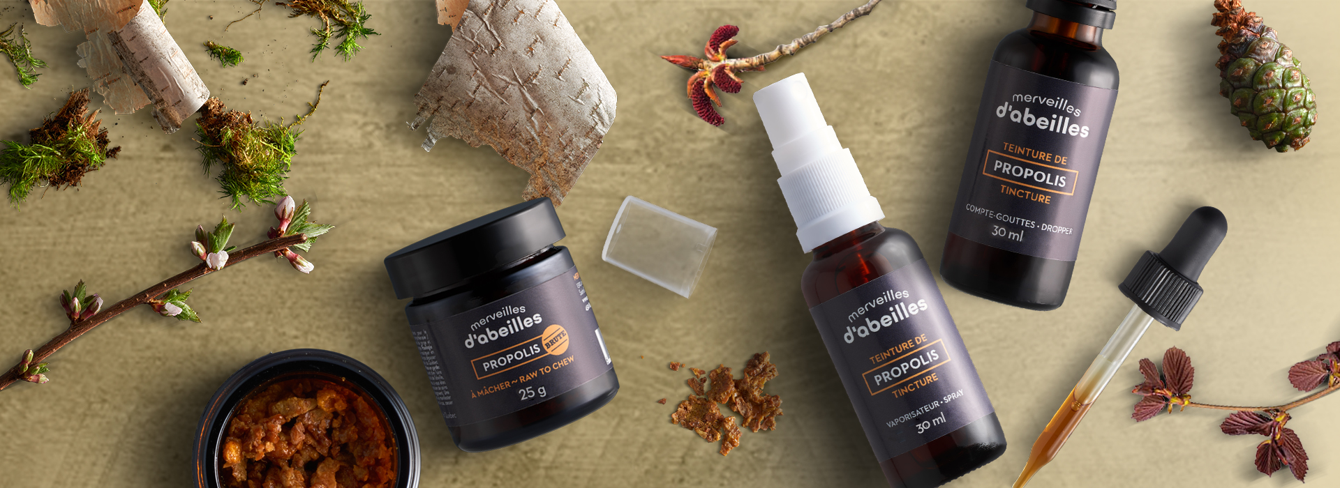 Propolis brute, teinture, extrait, compte-gouttes, vaporisateur du Québec